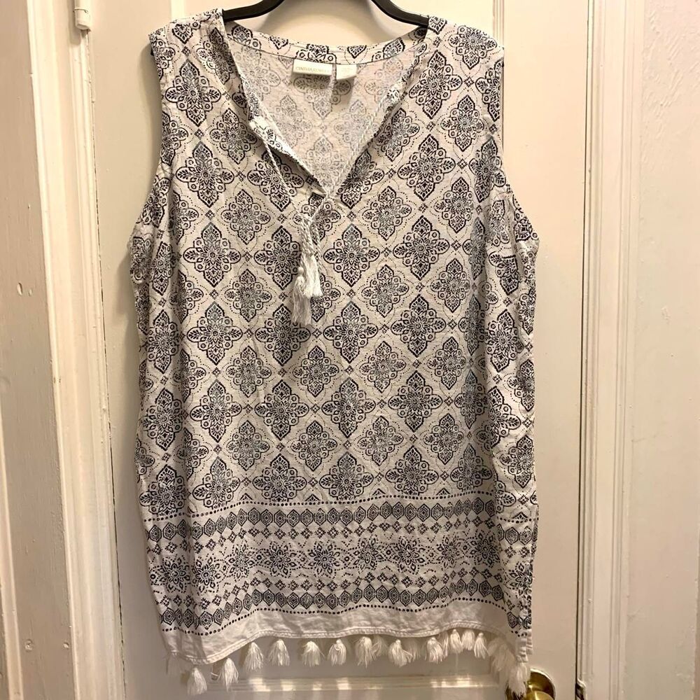 Cynthia Rowley linen blend Boho Sleeveless Tunic Top tassels ivory & black XL
